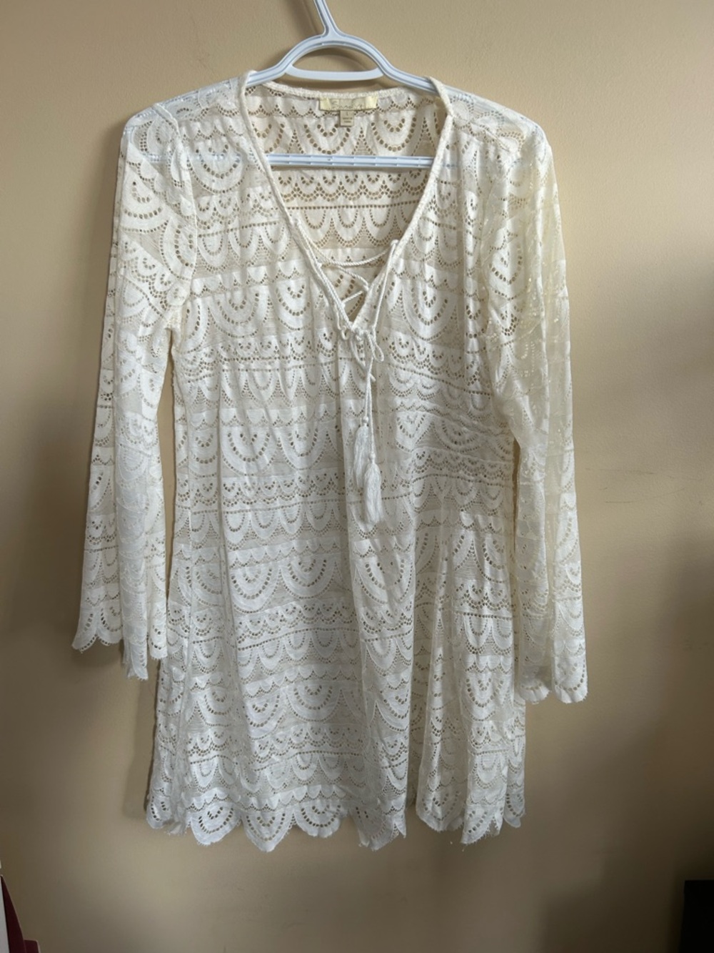 Cream Lace stretch Tunic Swim Cover-Up with Tassel Tie and scalloped edges